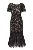 Mermaid Round Neck Black Lace Dress with Open Back
