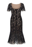 Mermaid Round Neck Black Lace Dress with Open Back
