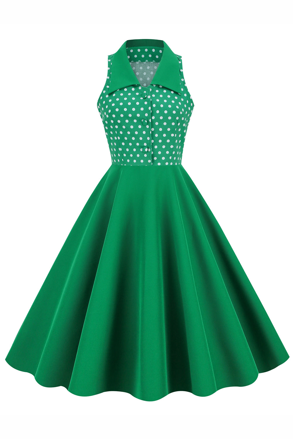 Green Lapel Neck Polka Dots Swing 1950s Dress