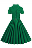 Lapel Neck Dark Green Swing Dress with Bow