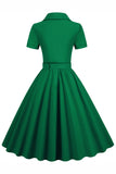 Lapel Neck Dark Green Swing Dress with Bow