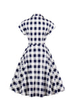 Navy Plaid Lapel Neck 1950s Dress with Pockets