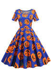 Halloween Short Sleeve Crew Neck Vintage Print Dress