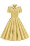 V Neck Yellow Vintage Dress with Button