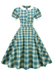 Jewel Neck Green Grid 1950s Dress with Short Sleeves