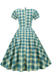 Jewel Neck Green Grid 1950s Dress with Short Sleeves