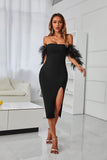 Black Feathers Party Midi Dress with Slit