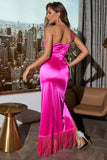 Fuchsia Satin One Shoulder Ball Dress with Fringes