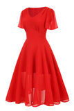 A Line V Neck Red Vintage Dress with Short Sleeves