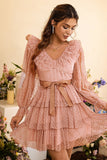 Blush Tiered Ruffled Long Sleeves Party Dress With Sash