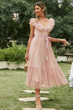 Blush A-Line Ruffled Wedding Guest Dress With Sash