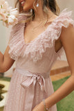 Blush A-Line Ruffled Wedding Guest Dress With Sash