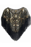 Sequined Black Golden 1920s Cape With Fringes