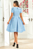 Jewel Neck Blue Vintage Dress with Short Sleeves