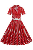 Hepburn Style V Neck Blue Polka Dots 1950s Dress