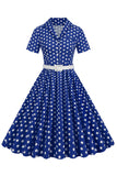 Hepburn Style V Neck Blue Polka Dots 1950s Dress