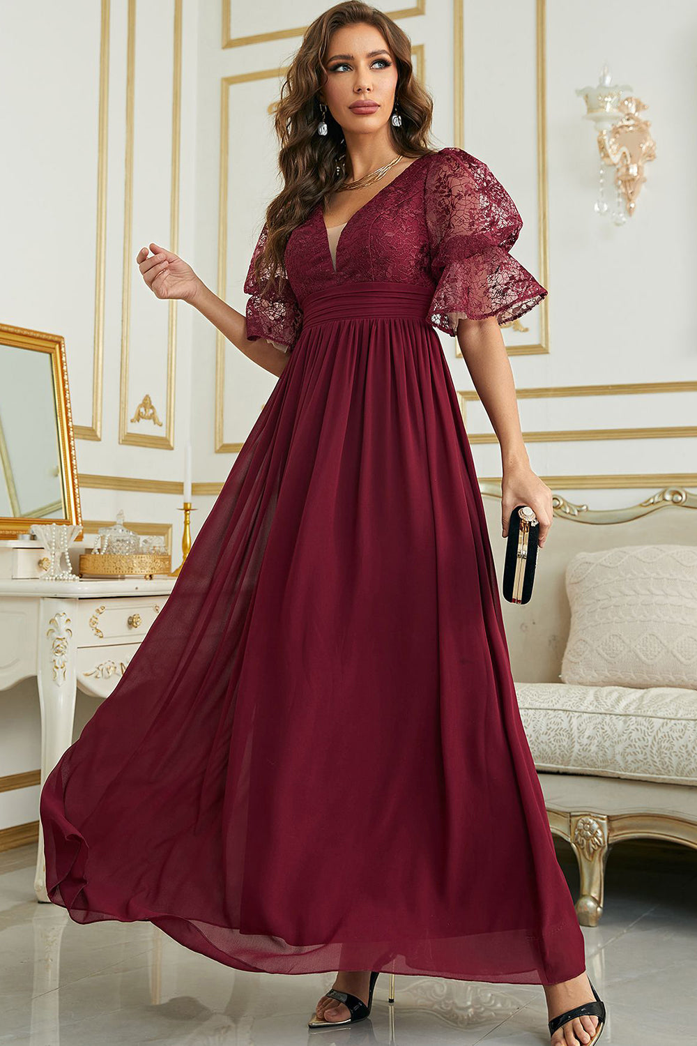 Burgundy Chiffon Wedding Guest Dress with Lace