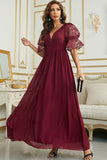 Burgundy Chiffon Wedding Guest Dress with Lace