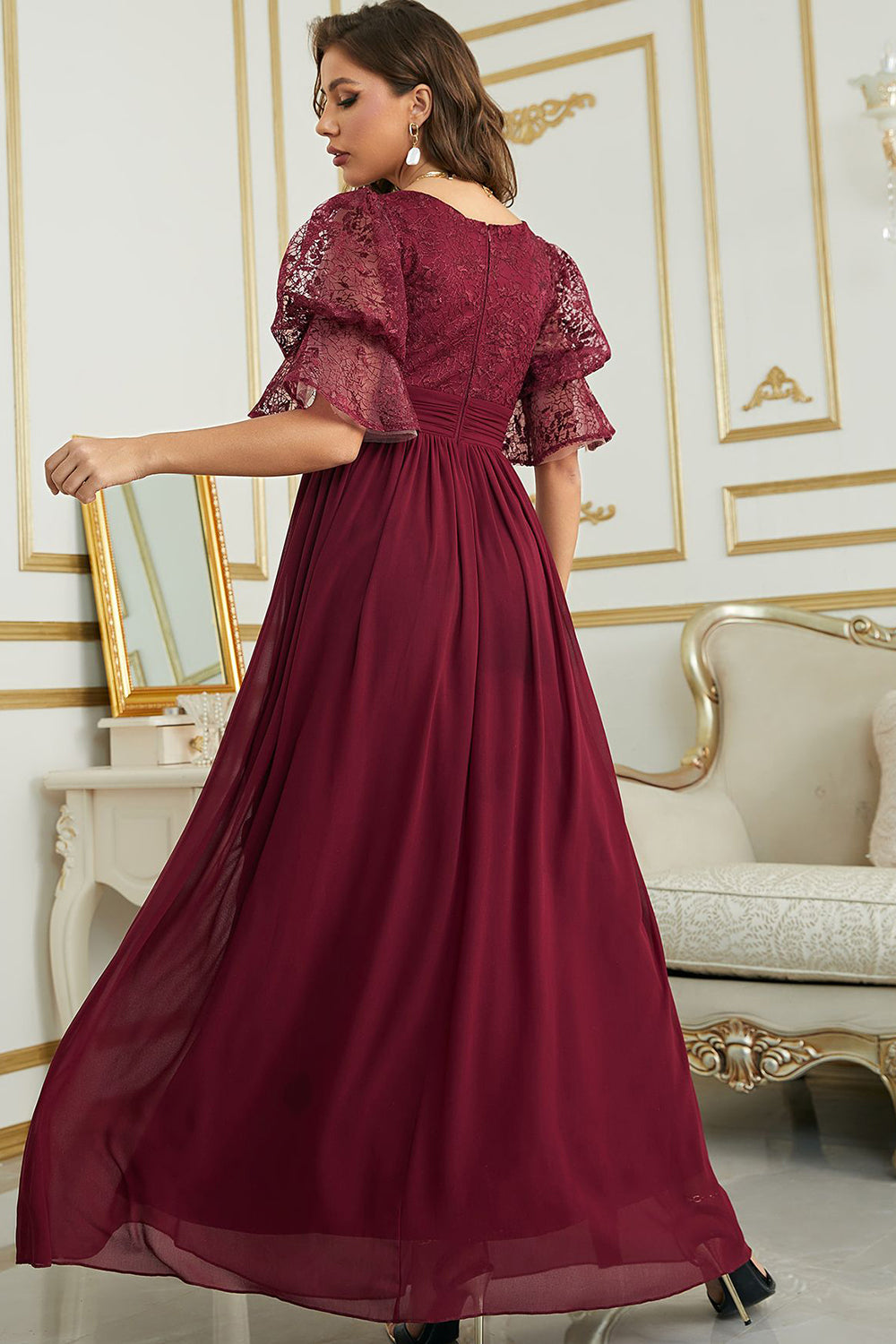 Burgundy Chiffon Wedding Guest Dress with Lace