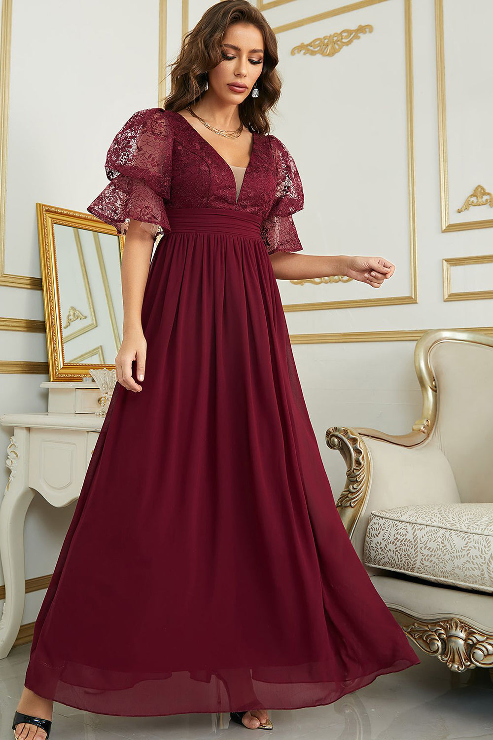 Burgundy Chiffon Wedding Guest Dress with Lace