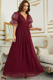 Burgundy Chiffon Wedding Guest Dress with Lace