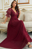 Burgundy Chiffon Wedding Guest Dress with Lace