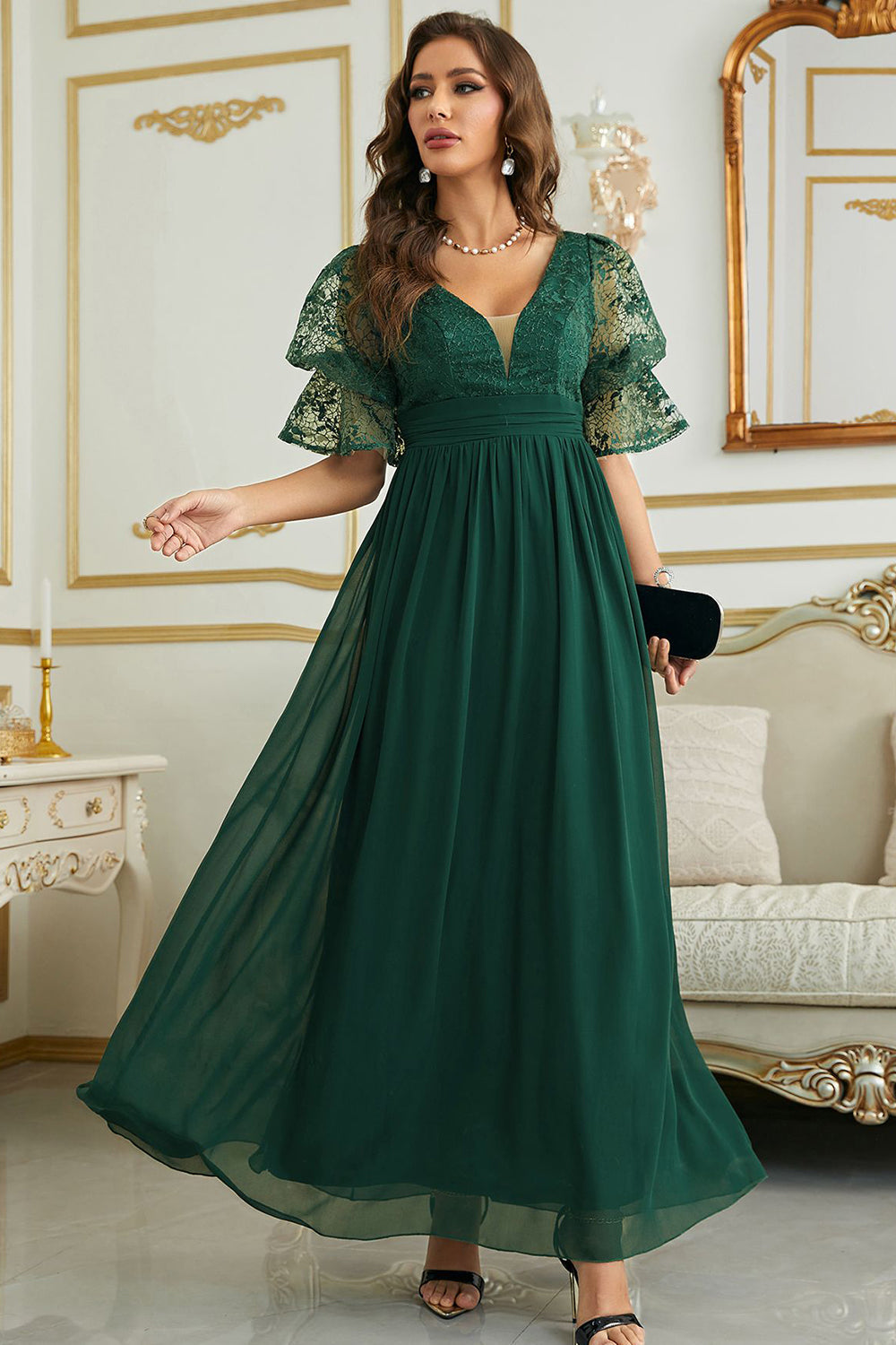 Burgundy Chiffon Wedding Guest Dress with Lace