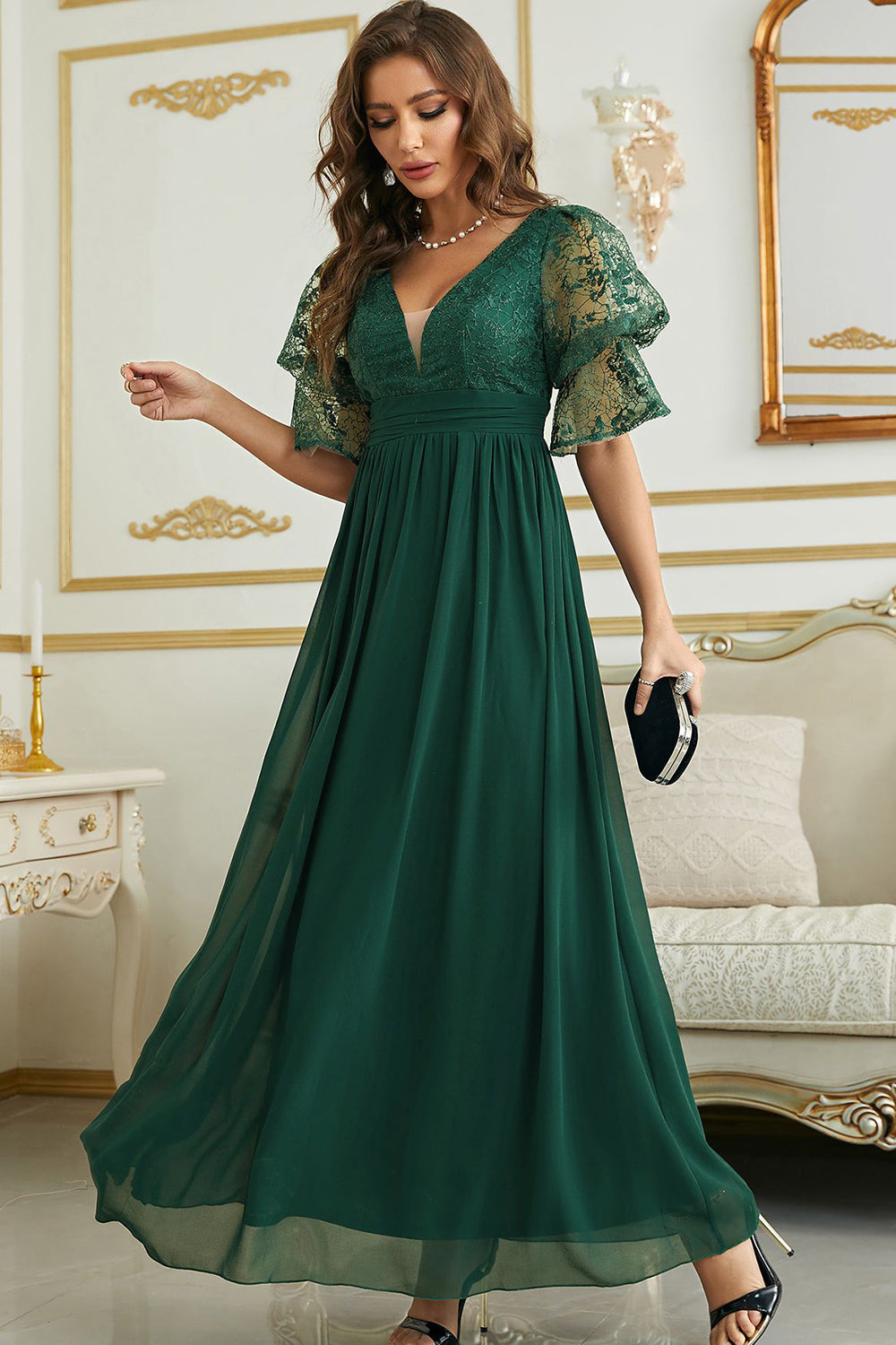 Burgundy Chiffon Wedding Guest Dress with Lace