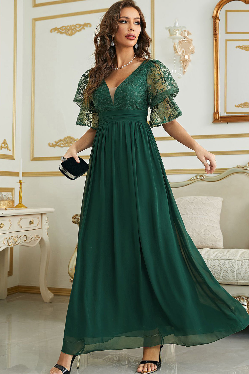 Burgundy Chiffon Wedding Guest Dress with Lace
