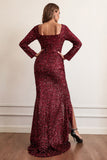 Sequins Burgundy Ball Dress with Long Sleeves