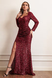 Sequins Burgundy Ball Dress with Long Sleeves