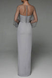Grey Sheath Long Sleeves Party Dress with Beading