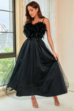 Black Spaghetti Straps Open Back Ball Dress With Feathers