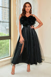 Black Spaghetti Straps Open Back Ball Dress With Feathers