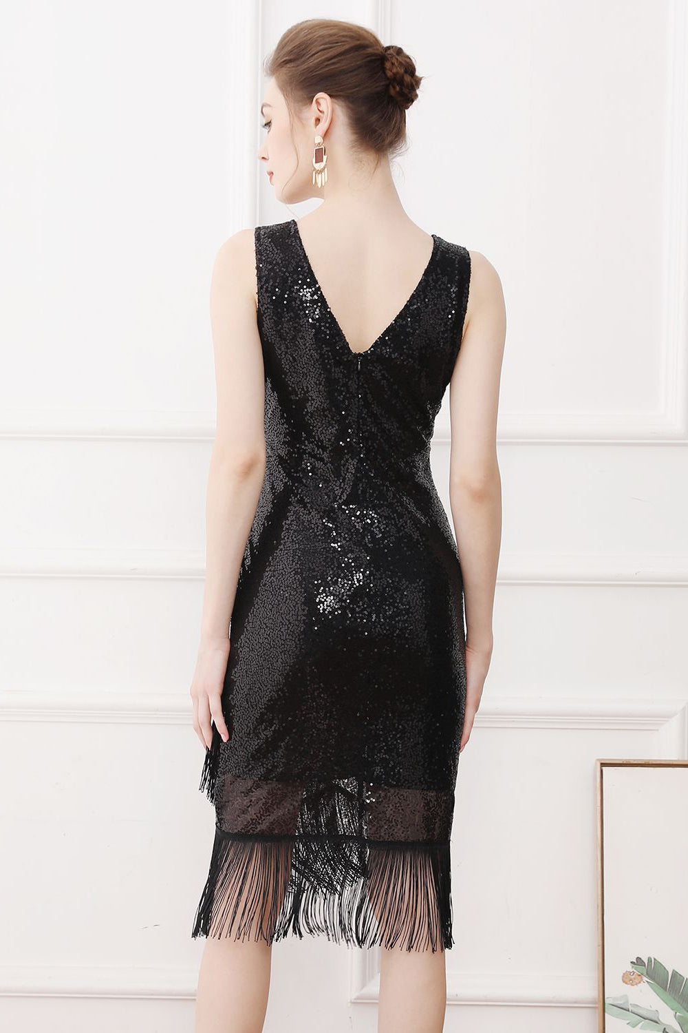 Sequins Glitter Black 1920s Dress with Fringes