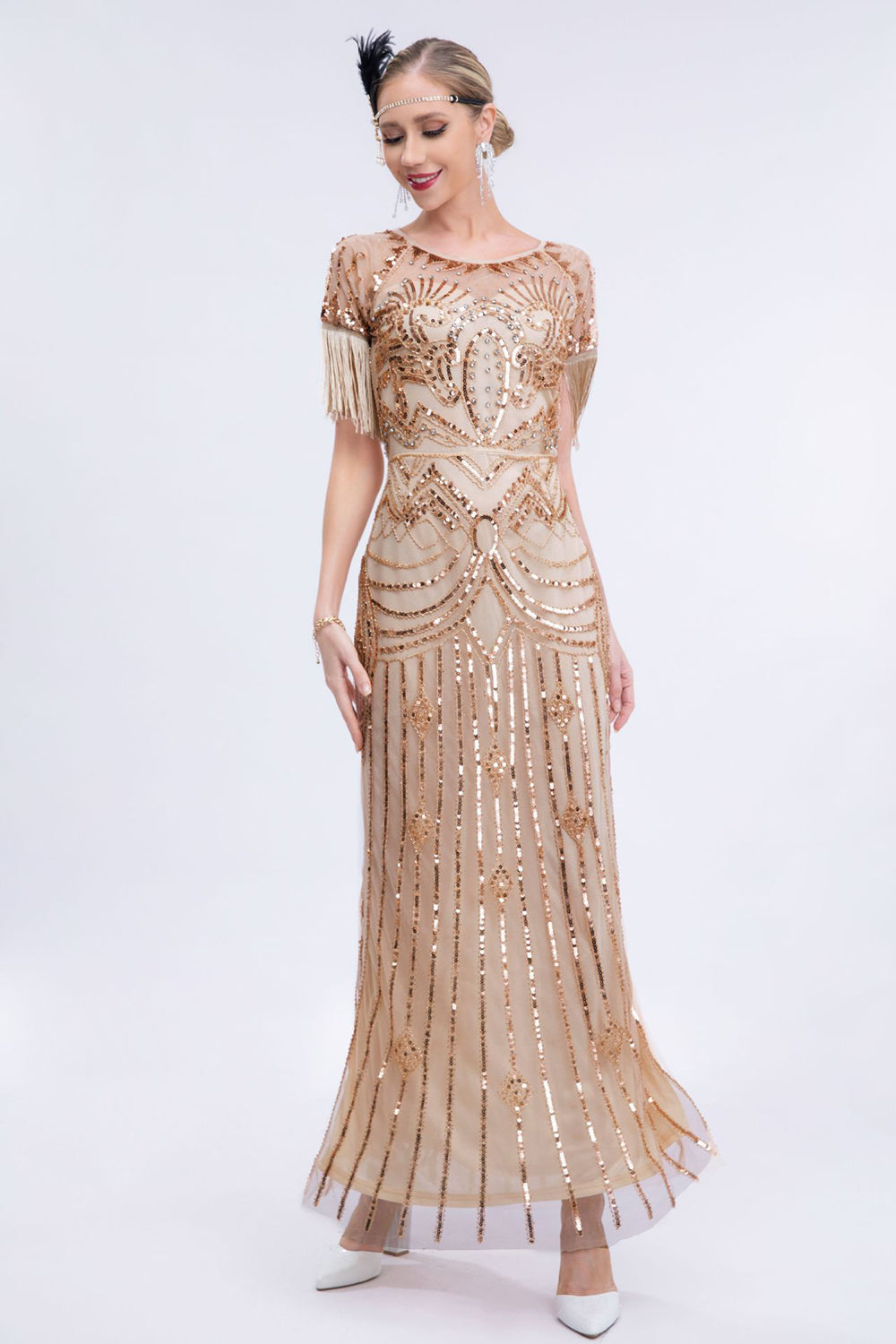 Golden Sheath Long 1920s Dress with Fringes