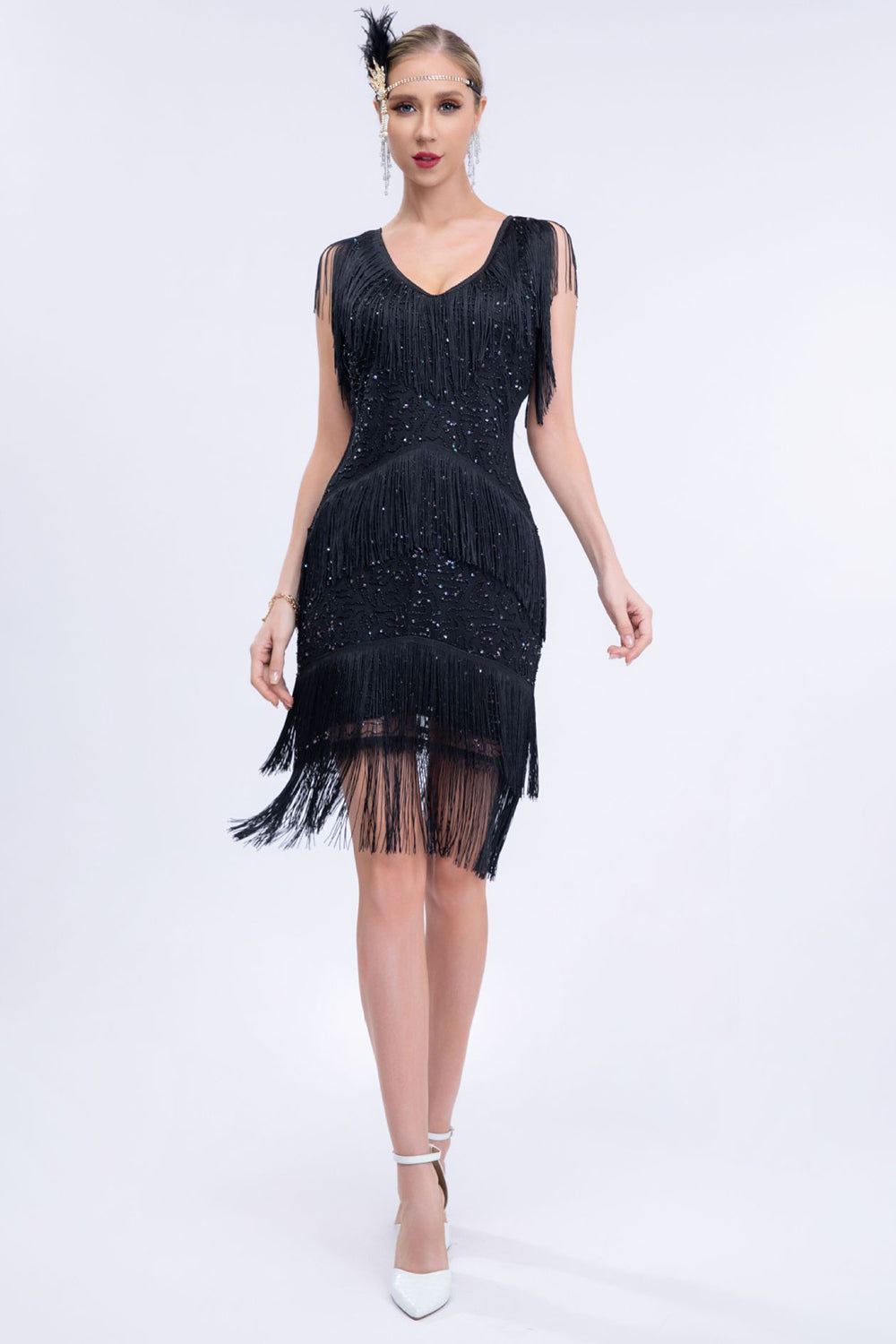 Black Fringes 1920s Dress with Sleeveless