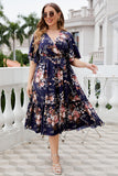 Plus Size V Neck Navy Summer Dress With Short Sleeves