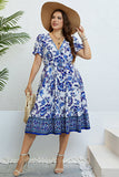 Blue V Neck Plus Size Summer Dress With Short Sleeves
