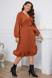 Brown Plus Size Long Sleeves Summer Dress with Ruffles