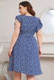 Blue Printed A Line Plus Size Summer Dress With Ruffles