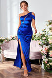 Mermaid One Shoulder Royal Blue Long Ball Dress with Split Front