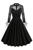 Black A line Long Sleeves 1950s Dress with Lace