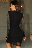 Black Glitter Beaded Long Sleeves Bodycon Cocktail Dress