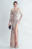 Sparkly Off The Shoulder Sequins Golden Ball Dress with Feathers