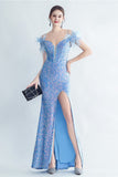 Blue Cold Shoulder Sequins Corset Ball Dress with Feathers