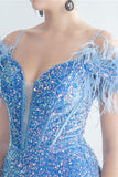 Blue Cold Shoulder Sequins Corset Ball Dress with Feathers