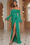 Off The Shoulder Green Long Ball Dress with Slit