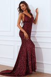 Mermaid Burgundy Sequins Ball Dress with Slit