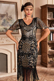 Black Golden V Neck Fringe 1920s Gatsby Dress With Sequins